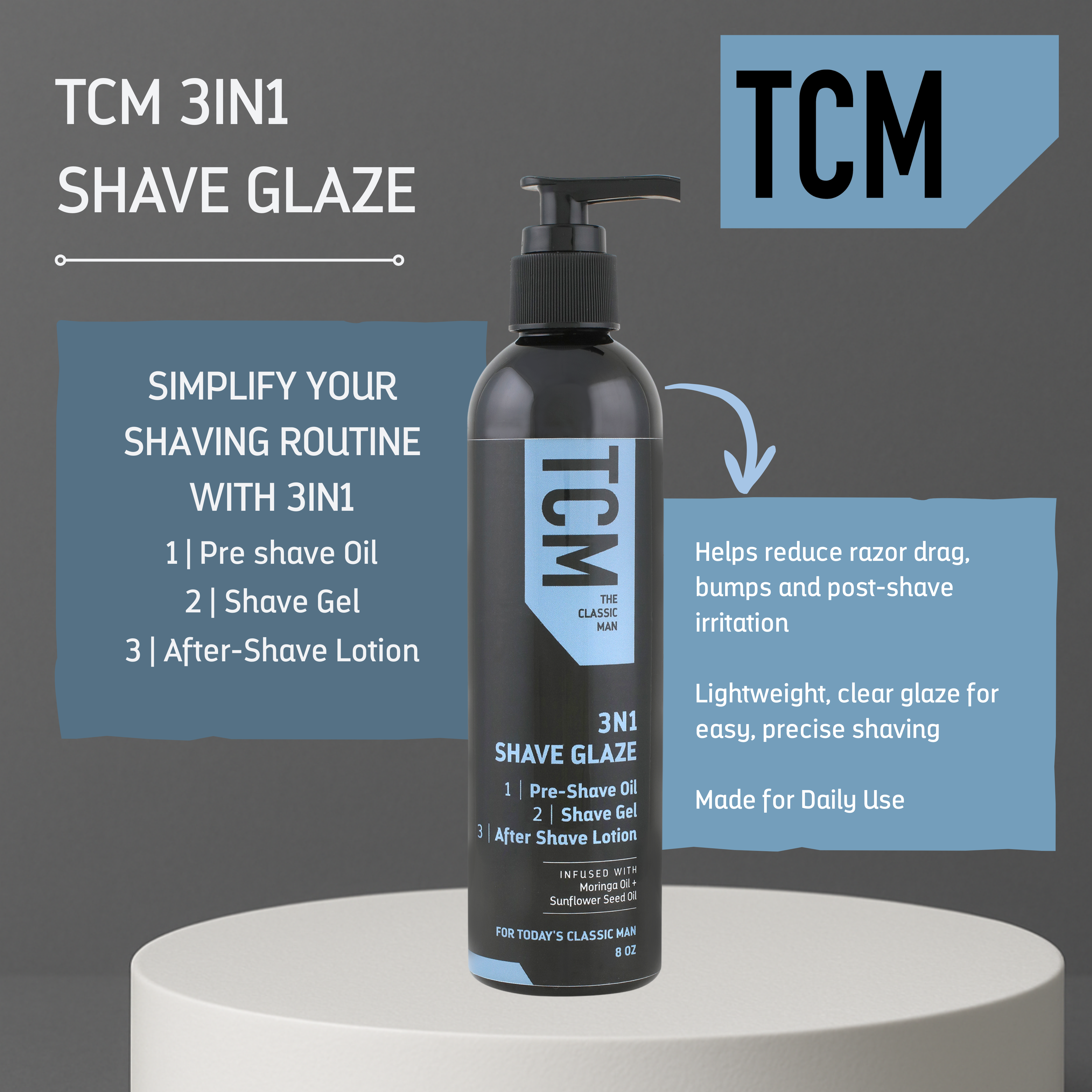 TCM 3N1 Shave Glaze, Pre-Shave Oil, Shave Gel, & After Shave